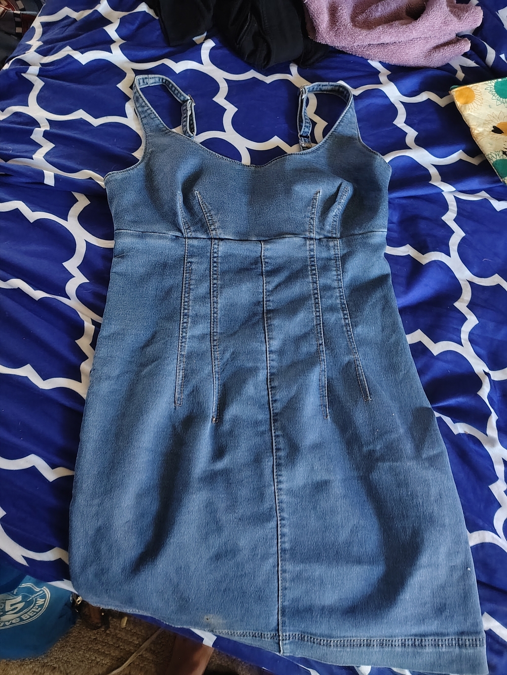 Super Cute No Boundaries Blue Denim Mini Dress with Light Washed Trim For Sale!
